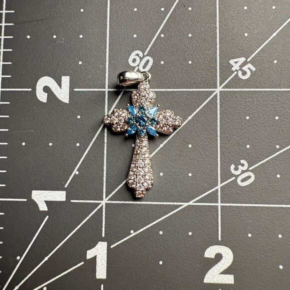 Silver-Tone‎ Cross Pendant With Blue & Clear Cubic Zirconia Accents - Picture 7 of 7